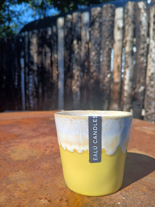 Sunbeam yellow - uplifting coffee cup candle.